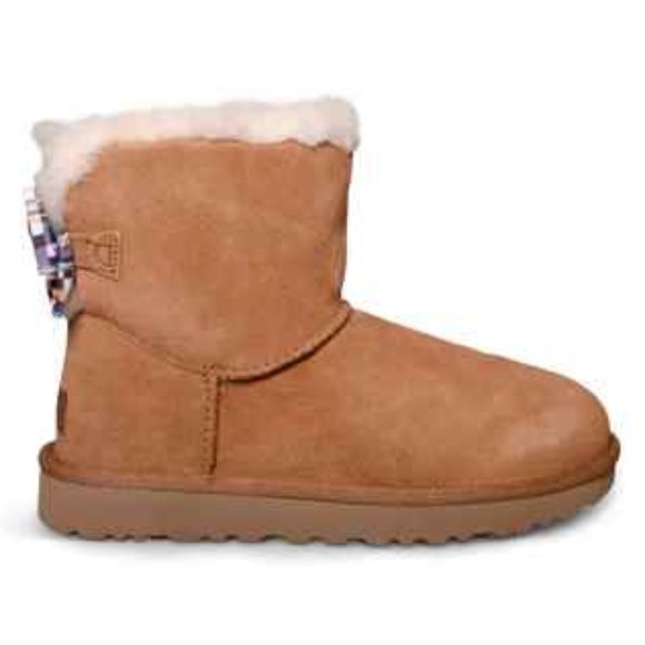 UGG MINI BAILEY BOW CHECKER CHESTNUT BOOTS - Picture 2 of 6